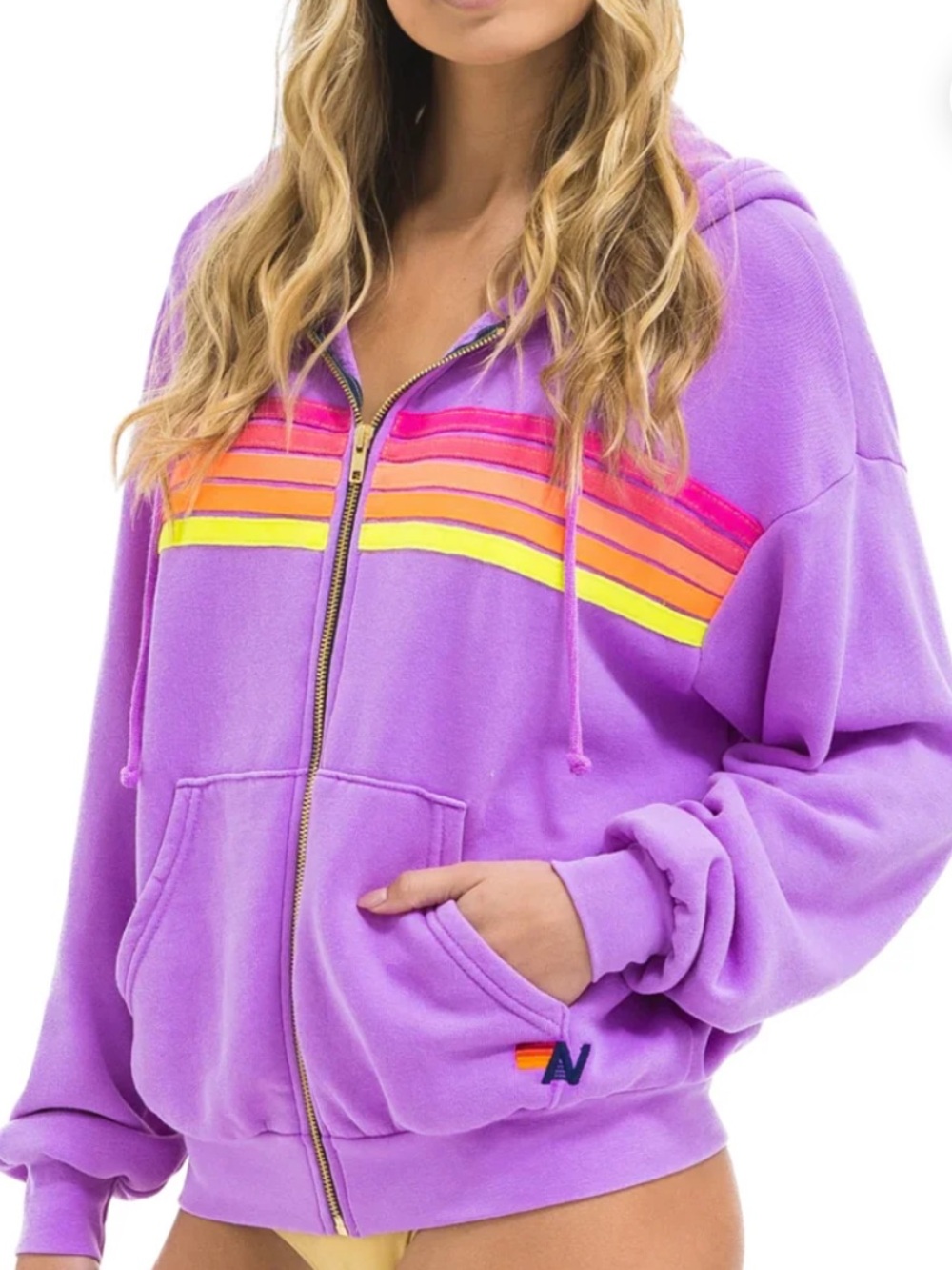 Aviator Nation 5 STRIPE ZIP HOODIE IN NEON PURPLE/NEON size large - Picture 2 of 5